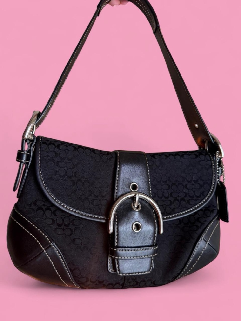 Vintage Coach 6388 Black Signature Buckle Flap Shoulder Bag Y2K